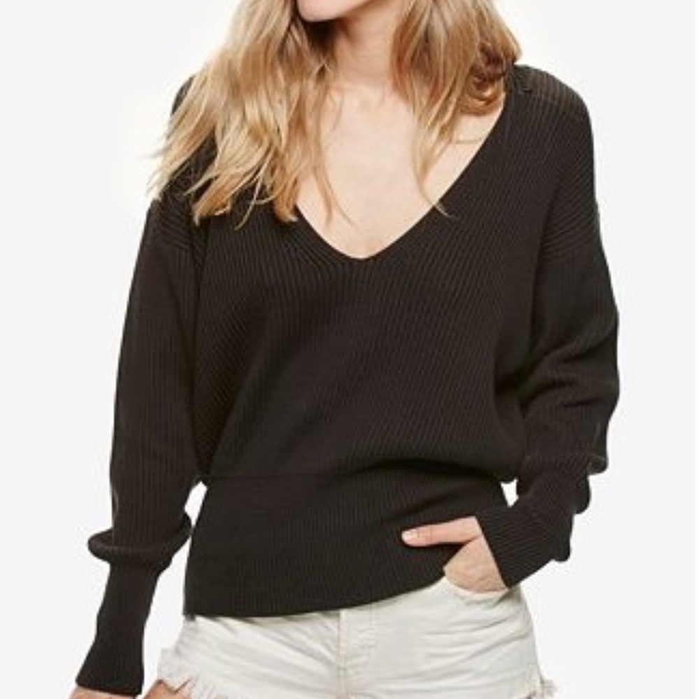Free People Black Ribbed V Neck Pullover  "Allure"